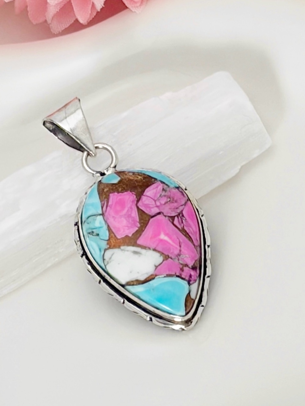 Boho Southwest Cotton Candy Turquoise Pendant  New Sterling Silver 925 Overlay